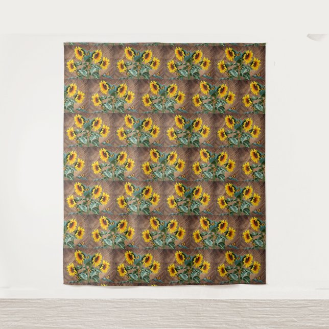 Sunflowers Butterflies Rustic Barn Board Tapestry (Front)