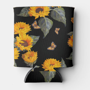 Sunflowers & Butterflies: Watercolor Black Backgro Can Cooler