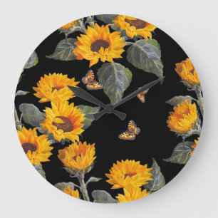 Sunflowers & Butterflies: Watercolor Black Backgro Large Clock