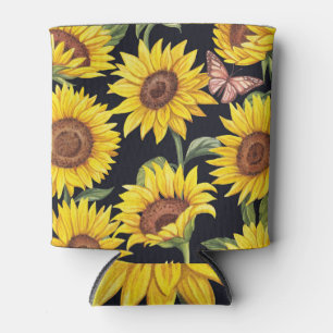 Sunflowers, butterflies, watercolor black backgrou can cooler
