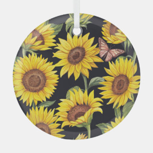 Sunflowers, butterflies, watercolor black backgrou glass tree decoration