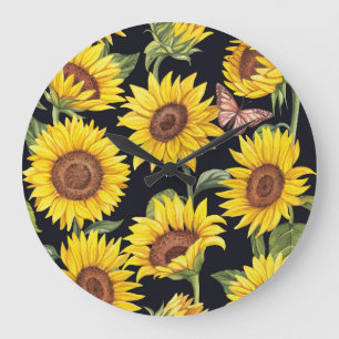 Sunflowers, butterflies, watercolor black backgrou large clock