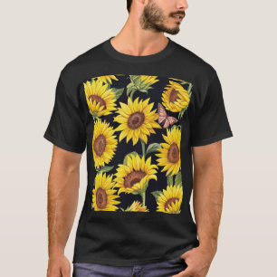 Sunflowers, butterflies, watercolor black backgrou T-Shirt