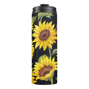 Sunflowers, butterflies, watercolor black backgrou thermal tumbler