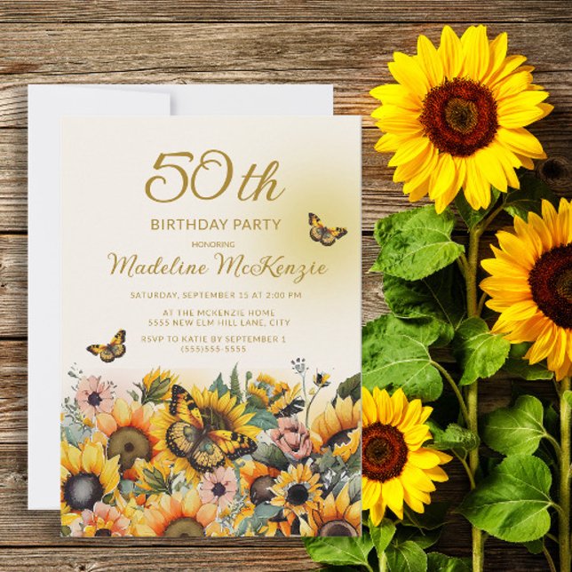 Sunflowers Butterflies Women's 50th Birthday Party Invitation (Creator Uploaded)