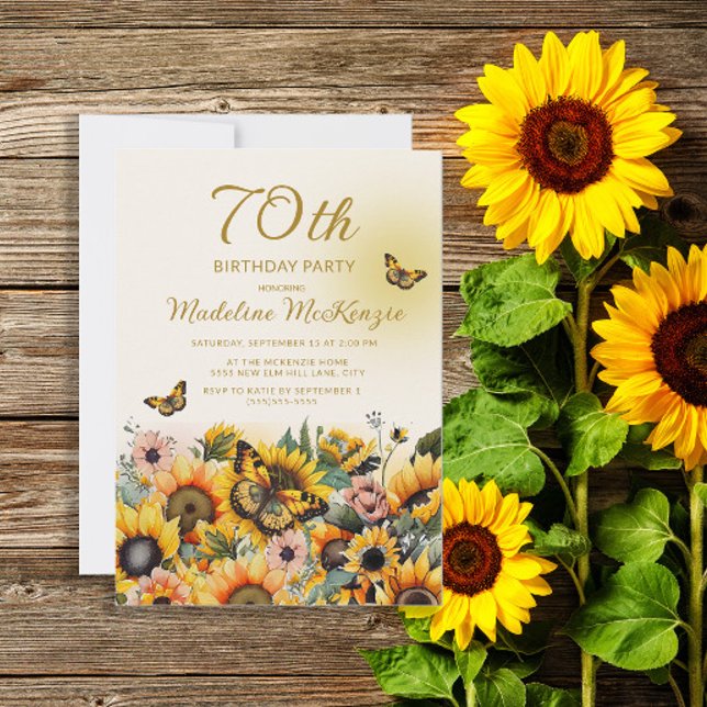 Sunflowers Butterflies Women's 70th Birthday Party Invitation (Creator Uploaded)