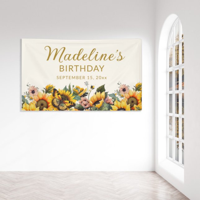 Sunflowers Butterfly Women's Birthday Banner (Sunflowers and butterflies custom birthday party banner personalized with your name and party date.
)