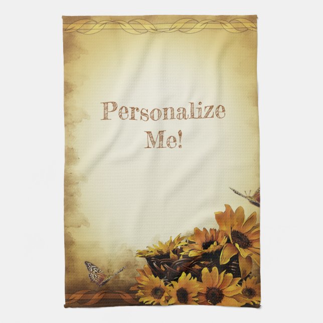 Sunflowers & Butterfly Yellow Brown Kitchen Towel (Vertical)
