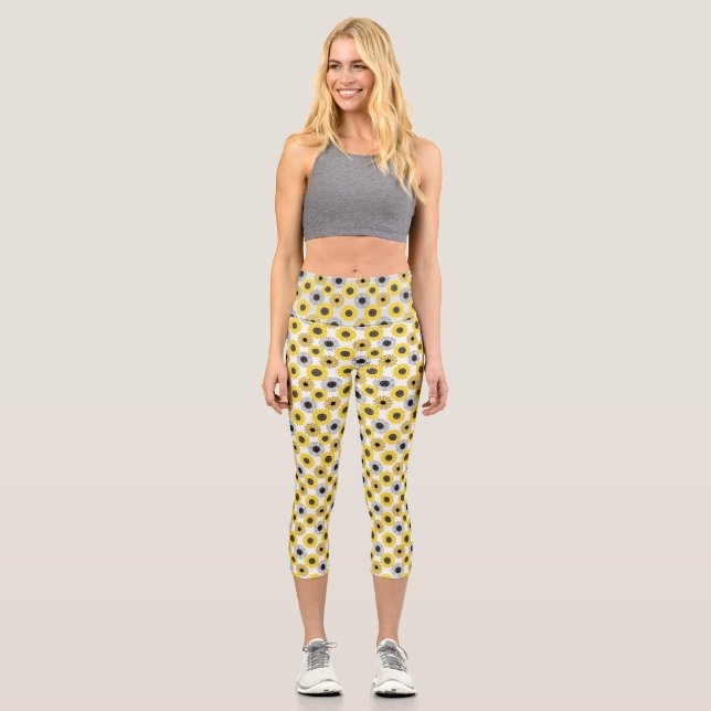 Sunflowers bx4 White BG Capri Leggings (Front)