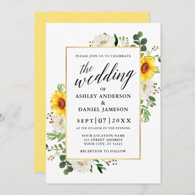 Sunflowers Calligraphy White Floral Wedding Invitation (Front/Back)