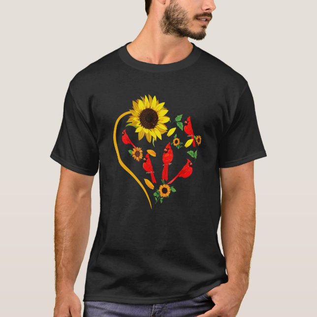 Sunflowers Cardinal Birds Cute Heart Shape Funny B T-Shirt (Front)