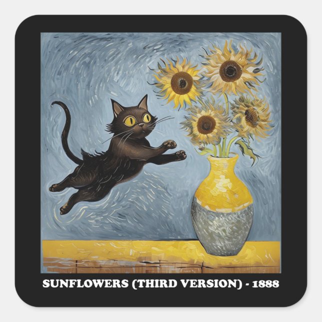 Sunflowers Cat Meme Art Graphic Square Sticker (Front)