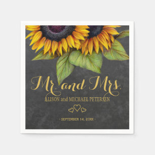 Sunflowers chalkboard mr and mrs script wedding napkin
