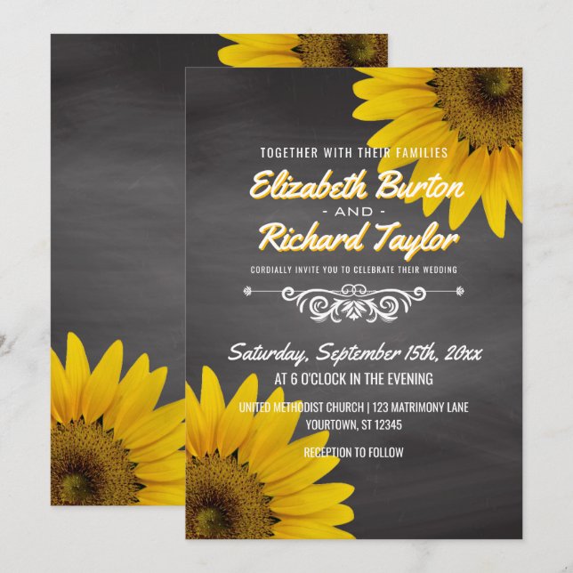 Sunflowers Chalkboard Rustic Country Wedding Invitation (Front/Back)