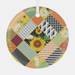 Sunflowers Chamomile, Patchwork Watercolor. Glass Tree Decoration