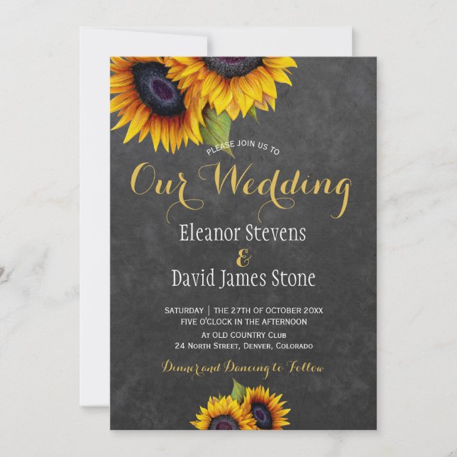 Sunflowers ckalkboard fall trendy wedding invitation (Front)