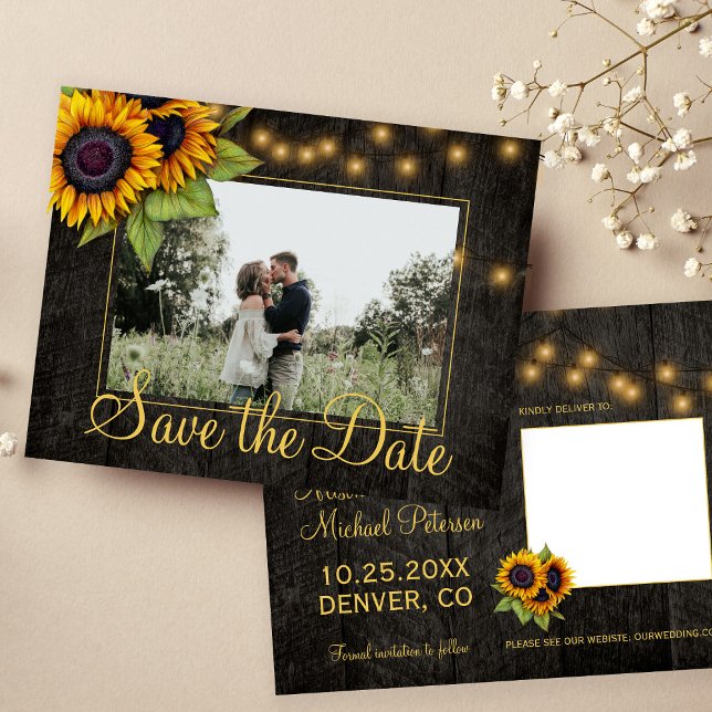 Sunflowers country barn wood save the date wedding announcement postcard (Creator Uploaded)