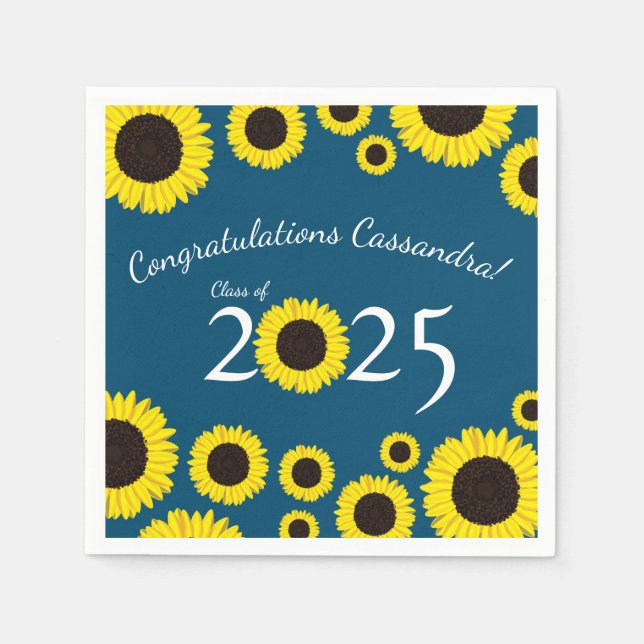 Sunflowers Country Graduation Party Blue Napkin (Front)