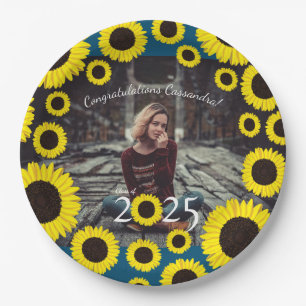 Sunflowers Country Graduation Party Blue Paper Plate