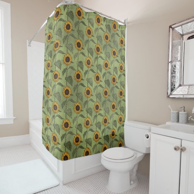 Sunflowers County Rustic Floral Green Yellow Shower Curtain (In Situ)