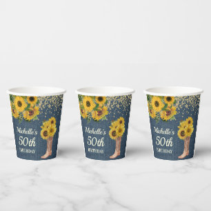Sunflowers Cowboy Boots Blue Denim 50th Birthday Paper Cups