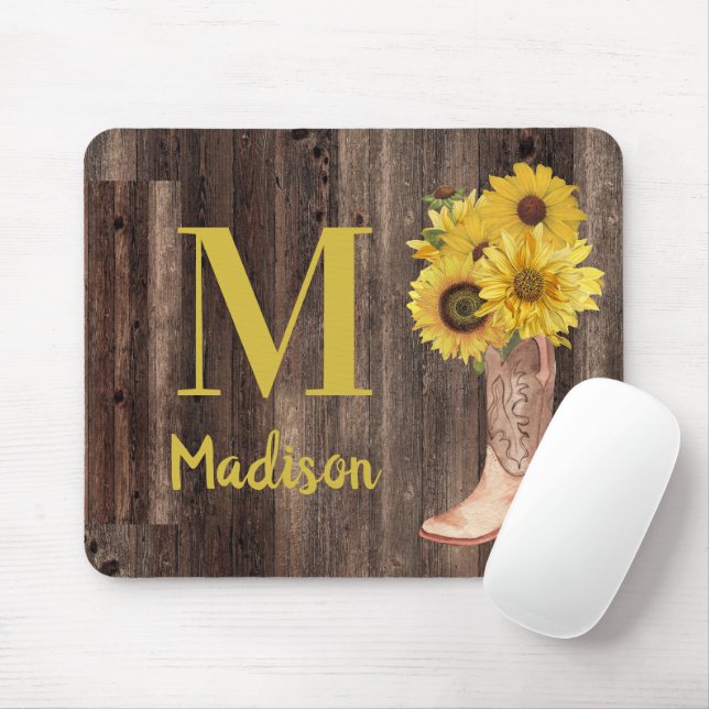 Sunflowers Cowgirl Boots Rustic Wood Monogram Mouse Pad (With Mouse)