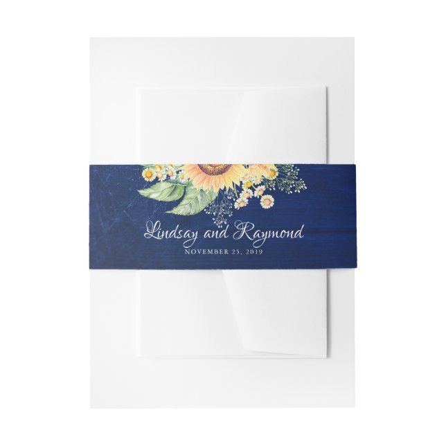 Sunflowers Daisies Baby's Breath Navy Blue Rustic Invitation Belly Band (Front Example)