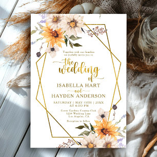 Sunflowers Daisies Fall Floral Gold Frame Wedding Invitation