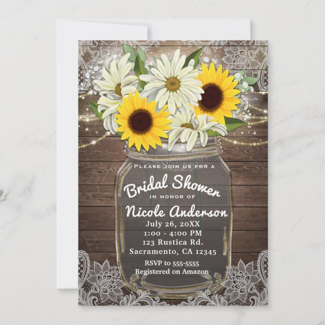 Sunflowers & Daisies Mason Jar Sparkle Rustic Chic Invitation (Front)