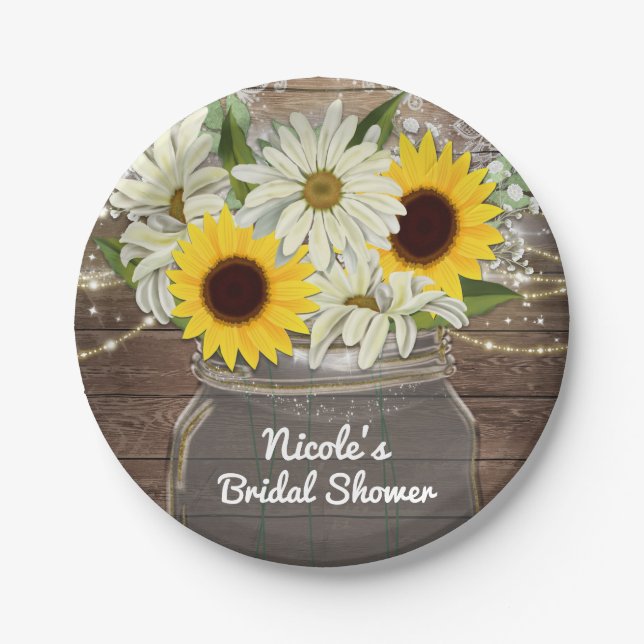 Sunflowers & Daisies Mason Jar Sparkle Rustic Chic Paper Plate (Front)