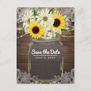 Sunflowers Daisies Mason Jar Sparkle Save the Date Announcement Postcard