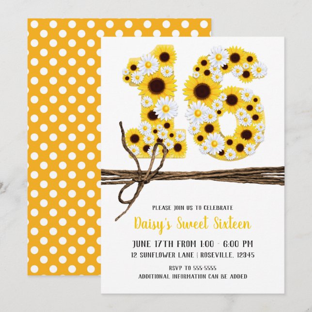 Sunflowers & Daisies SIXTEEN 16 Birthday Party Invitation (Front/Back)