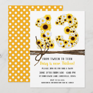 Sunflowers & Daisies THIRTEEN 13 13TH Birthday Invitation