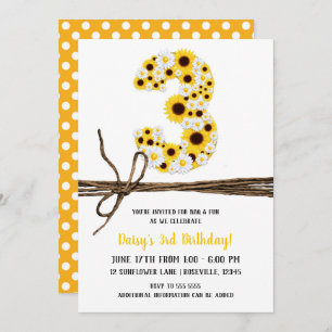 Sunflowers & Daisies THREE 3 3RD Birthday Party Invitation