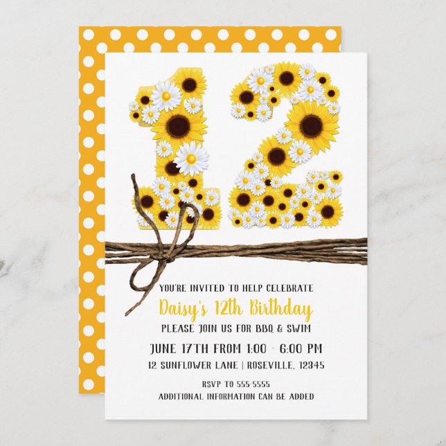 Sunflowers & Daisies TWELVE 12 12TH Birthday Party Invitation (Front/Back)
