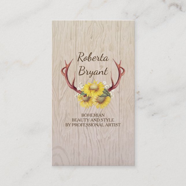 Sunflowers Deer Antlers Rustic Country Floral Wood Business Card (Front)