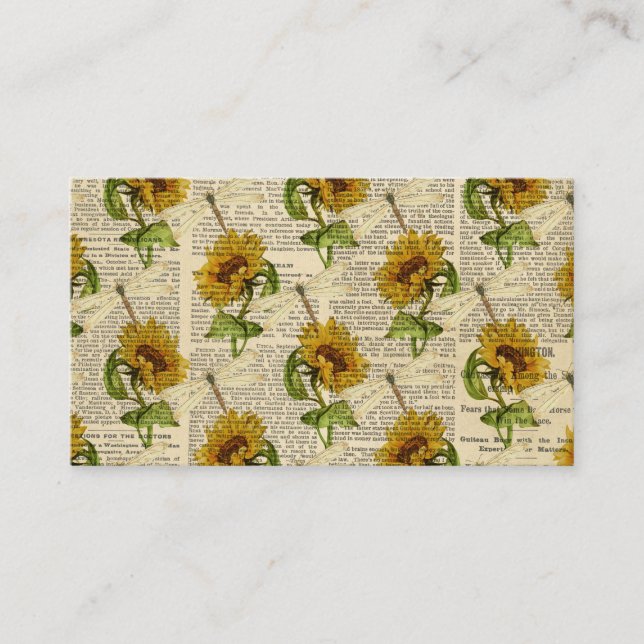 Sunflowers Dragonflies Old Newspaper Country Style Business Card (Front)