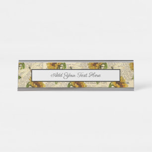 Sunflowers Dragonflies Old Newspaper Country Style Desk Name Plate