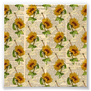 Sunflowers Dragonflies Old Newspaper Country Style Photo Print