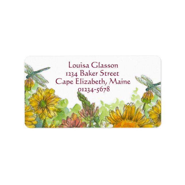 Sunflowers Dragonfly Yellow Watercolor Flowers Label (Front)
