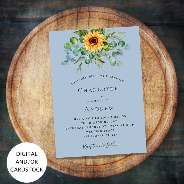 Sunflowers dusty blue eucalyptus greenery wedding invitation (Creator Uploaded)