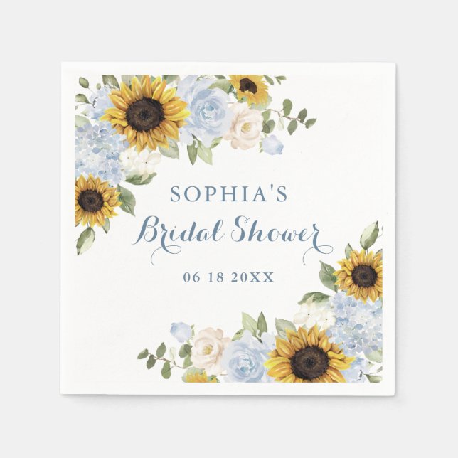 Sunflowers Dusty Blue Floral Greenery Personalised Napkin (Front)