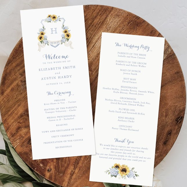 Sunflowers Dusty Blue Hydrangea Crest Wedding Programme (Creator Uploaded)