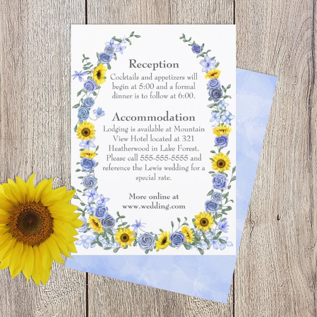 Sunflowers, Dusty Blue Rose Border Wedding Details Enclosure Card (yellow sunflowers dusty blue wedding details enclosure card)