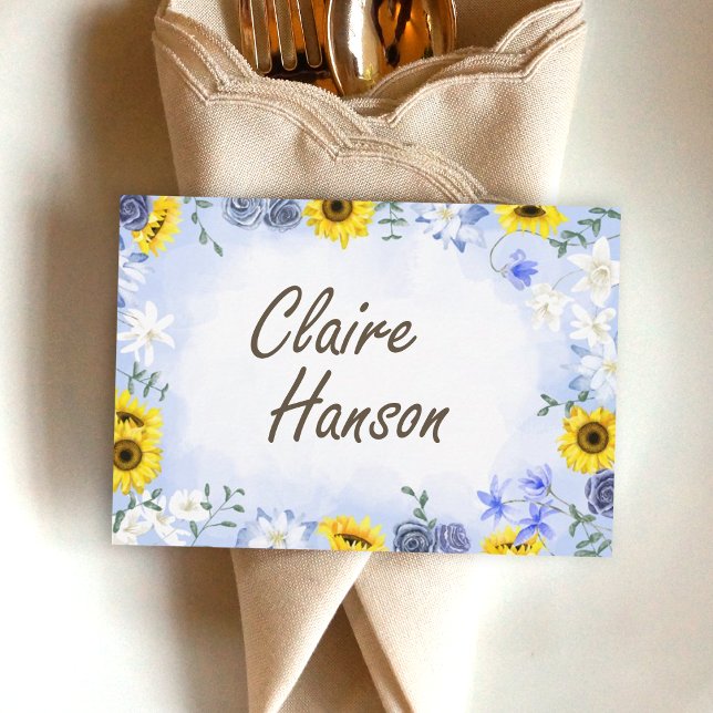Sunflowers, Dusty Blue Roses Name Place Card (dusty blue roses and yellow sunflowers wedding place cards, name reserved labels)