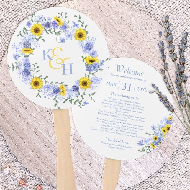 Sunflowers Dusty Blue Roses Wedding Wreath Hand Fan (sunflower dusty blue wedding hand fans, sunflowers light blue roses paper fans favors)