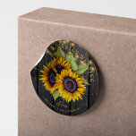 Sunflowers elegant rustic wood lights wedding classic round sticker<br><div class="desc">Editable text favour sticker featuring a rustic big beautiful sunflowers bouquet on a dark brown barn wood background with string lights. Ideal for your summer or autumn fall elegant rustic country outdoor backyard or farmhouse wedding.         Personalise it with the bride's and groom's names and wedding details!</div>