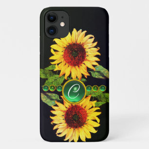 SUNFLOWERS,EMERALD GREEN GEMSTONES FLORAL MONOGRAM Case-Mate iPhone CASE