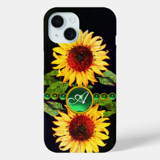 SUNFLOWERS,EMERALD GREEN GEMSTONES FLORAL MONOGRAM iPhone 15 CASE