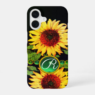 SUNFLOWERS,EMERALD GREEN GEMSTONES FLORAL MONOGRAM iPhone 16 CASE
